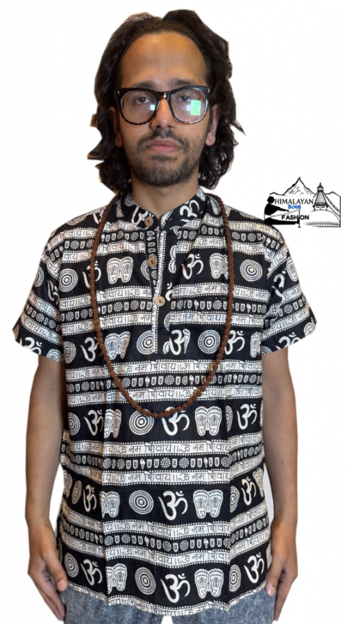om-print-100-percent-cotton-half-sleeve-black-kurta-handmade-in-nepal