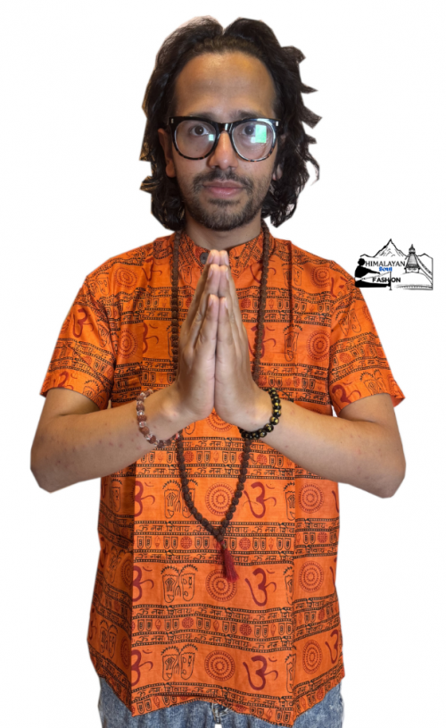 orange-om-print-100-percent-cotton-half-sleeve-kurta-handmade-in-nepal
