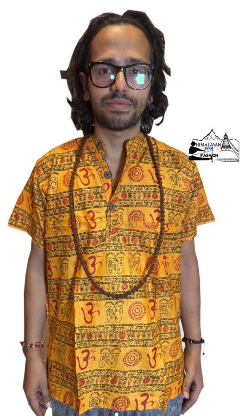 yellow-om-print-100-percent-cotton-half-sleeve-kurta-handmade-in-nepal
