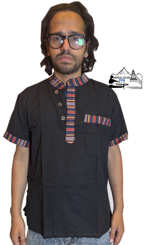 bhutani-style-100-percent-cotton-half-sleeve-kurta-black-handmade-in-nepal