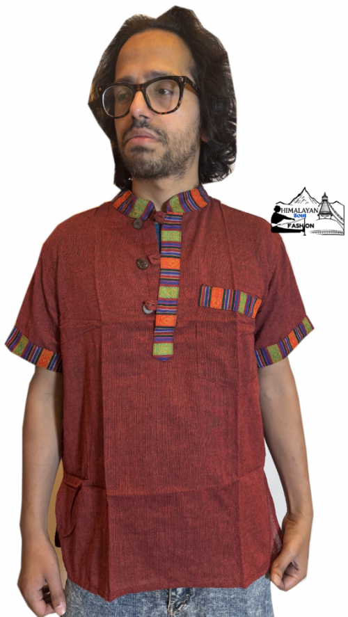 bhutani-style-100-percent-cotton-half-sleeve-kurta-maroon-handmade-in-nepal