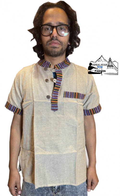 bhutani-style-100-percent-cotton-half-sleeve-kurta-beige-handmade-in-nepal