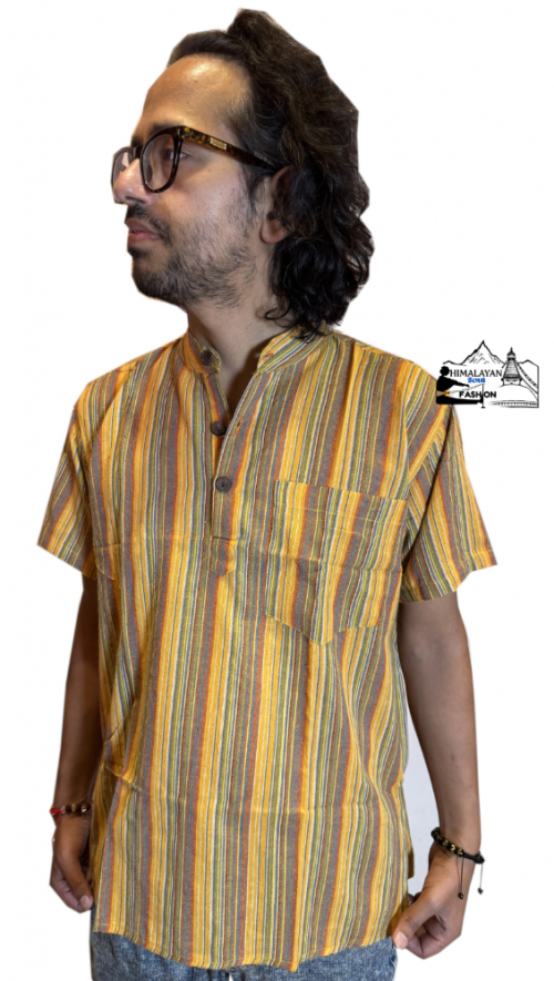 yellow-multi-striped-100-percent-cotton-half-sleeve-kurta-handmade-in-nepal