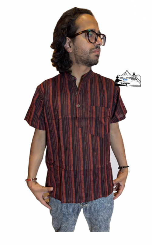 maroon-dark-striped-100-percent-cotton-half-sleeve-kurta-handmade-in-nepal